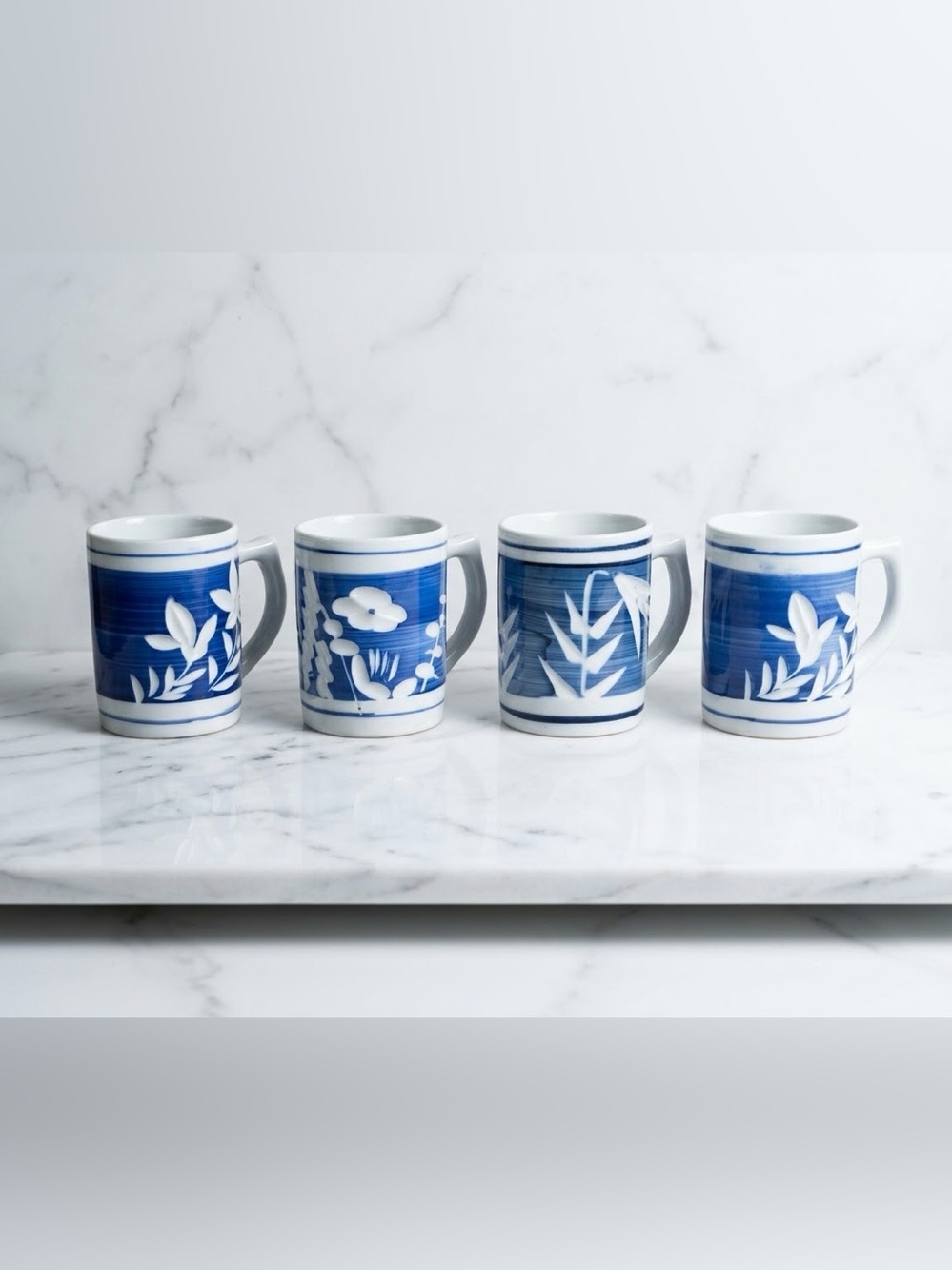 Vintage Japanese Incut Coffee Mugs Blue White Flower Porcelain - Set of 4